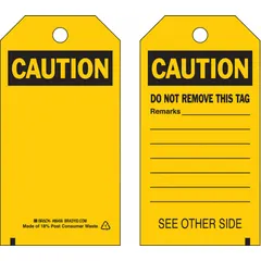 Pack of 10 black caution pre-printed header tags with cable tie fasteners. Designed for attaching to equipment, pipes, or machinery to indicate potential hazards in industrial environments.