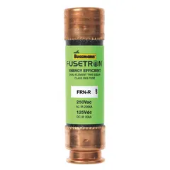 Class RK5 time-delay cylindrical fuse rated 15 A at 250 V AC and 125 V DC. Non-indicating type from the FRN-R Series. Provides overcurrent protection for motor circuits, transformers, and other inductive loads, allowing harmless inrush currents without nuisance opening.