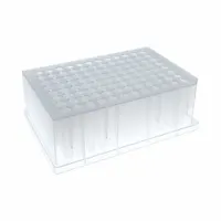 96-well multiple well plate made of colorless polystyrene with round wells. Each well has a diameter of 7.83 mm and a capacity of 1 mL. The plate is RNase/DNase free, suitable for cell culture, ELISA, high-throughput screening, and sample storage in laboratory settings