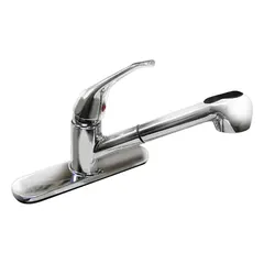 This single-post kitchen faucet is constructed of cast brass with a silver finish. It is designed for deck mounting using one mounting hole, suitable for kitchen sink installations requiring a single-hole configuration.