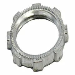 Zinc locknut for securing rigid threaded conduit (RMC/IMC) connections. Non-insulated fitting provides mechanical locking to prevent loosening from vibration. Used in panelboards, junction boxes, and equipment enclosures.