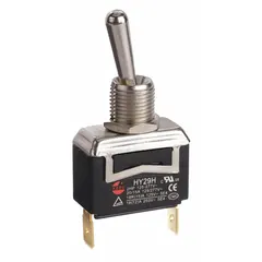 This SPST toggle switch features a 2-position On/Off configuration with quick-connect tab connections. Rated 15 A at 277 V AC and 2 hp, it is suited for panel-mount applications requiring simple control of motors, conveyors, or pumps.