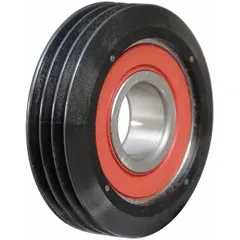 The DAYCO 89145 is a light duty serpentine ribbed idler pulley with a flangeless flange design. It features 3 grooves and is constructed from polymer material. This pulley is used in vehicle accessory belt drive systems to maintain proper belt tension and reduce vibration.