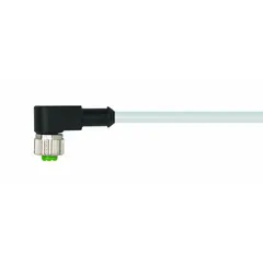 Single-ended cordset with M12 female right-angle connector on one end and bare wire on the other. Features 4 pins, 22 AWG wire, gray PVC jacket, and 1 m cable length. Rated IP65, supports 4 A max current. Suitable for flexing applications in industrial automation for connecting sensors or actuators to control systems.