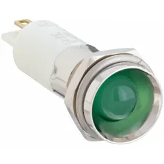 Green LED indicator pilot light with a protruding head for prominent visual status indication. Features a 0.11 male quick disconnect electrical connection. Suitable for use on industrial control panels, machinery, and automation equipment.