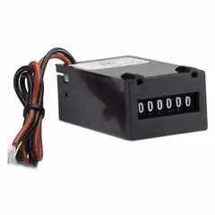 Front-panel-mounting electromechanical counter in a compact 1 in x 1 3/8 in white housing. Operates on 90 V AC to 120 V AC. RoHS compliant. Used for counting cycles, events, or production output in industrial panel-mounted equipment.