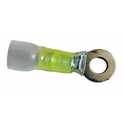 Nylon-insulated ring terminal rated for 600 V. Accepts 12 AWG to 10 AWG wire and fits 3/8 in studs. Used for secure electrical connections in industrial wiring, automotive, and marine applications.