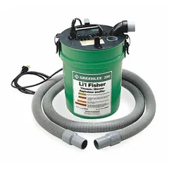 This vacuum and blower fishing system is used to install pulling lines or ropes in electrical conduit runs. It handles conduit diameters from 1/2 inch minimum to 2 inches maximum and includes a 10-foot hose. Suitable for electricians and contractors running cable in commercial or industrial buildings.
