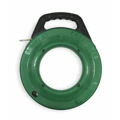 Steel fish tape with manual wind retraction, round tape shape, and metal eyelet end style. 50 ft length with 13 in winder slide for controlled payout and retrieval. Used for pulling wires through conduit, walls, and ceilings in electrical installations.