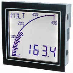 Multi-function digital panel meter for voltage measurement with a 9,999 display span. Features True RMS measurement, 1% accuracy, white LCD display, and RS-485 communication. Operates on 12 V AC – 24 V AC power with internal removable terminal blocks. Suitable for industrial control panels, switchgear, and automation systems.