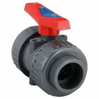 Manual two-way PVC ball valve with straight body, standard port, and socket x FNPT connections. Lever-operated for on/off flow control in non-metallic piping systems. Suitable for water, chemical, and irrigation applications requiring corrosion resistance