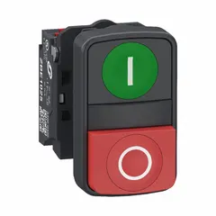 Flush-profile, two-button push-button operator with 22 mm mounting size. Non-illuminated, momentary/momentary contact operation. Non-metallic construction. Suitable for control panel and industrial machinery applications requiring dual-function or start/stop commands.