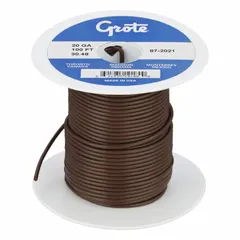 Single-conductor, 20 AWG primary wire with brown PVC insulation rated for 60 V. Supplied on a 100 ft spool for general-purpose low-voltage wiring in automotive, trailer, and marine electrical systems.