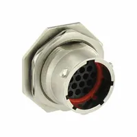 Jam nut receptacle from the Trim Trio UTO series with 19 male contacts rated at 5 A and 250V (UL). Features IP69K protection, 1/3 bayonet coupling, and accepts 26 AWG to 18 AWG wire. Contacts not included. Suitable for harsh environments requiring high ingress protection