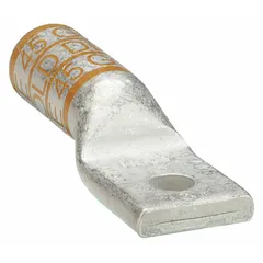 Aluminum one-hole compression lug for terminating stranded copper or aluminum wire. Accommodates wire sizes 1 AWG – 1 AWG. Features a 1/4 in stud hole for secure connection to bus bars or equipment terminals. Used in power distribution, panel building, and motor control centers.