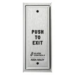 Push-to-exit button for releasing door locks or activating alarms in commercial and industrial facilities. Features a gray aluminum finish, push-button operation, and measures 4-1/2 inches high by 3 inches wide. Not ADA compliant.