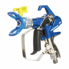 This GRACO airless spray gun is constructed with stainless steel for use with coatings, enamels, lacquers, and stains. It features a 1/4 in NPSM air inlet and includes a RAC X Tip Guard. Suitable for industrial finishing, maintenance painting, and woodworking applications requiring precise fluid delivery.