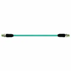 M12 male straight to M12 male straight cordset with X-coding, 10 m length, turquoise TPE jacket, IP67 rated, and Cat6 performance. Suitable for high-speed industrial Ethernet connections in automation and control systems.