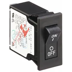 This 10 A rocker-style miniature circuit breaker is designed for front panel snap-in mounting. It features 1/4 in tab terminals and is rated 250V AC and 32V DC, with a depth of 1.9 in. Typical applications include overcurrent protection in control panels, power distribution, and industrial equipment.