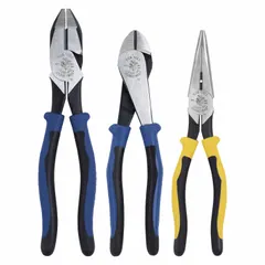 General-purpose assorted pliers set containing three pliers with deluxe cushion grips for manual operation. Includes a 9-inch Lineman's plier and supports a pliers range of 2 to 5. Suitable for electrical, construction, and maintenance tasks.
