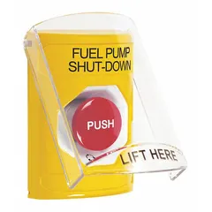 This yellow push button is an emergency stop device for fuel pump shutdown in industrial or commercial settings. It provides a quick, manual way to cut power to pumps during a safety event. The unit is ADA compliant and measures 3 1/4 in width by 3 3/16 in depth.