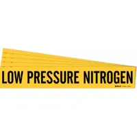 Yellow adhesive pipe marker with black legend text reading 'Low Pressure Nitrogen'. Fits pipe outer diameters from 2-1/2 to 7-7/8 inches. Supplied without directional arrows. Used for identifying low pressure nitrogen piping systems in industrial facilities