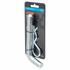 Steel hitch pin with zinc-plated finish, 5/8 in diameter, includes hitch clip. Used to secure a trailer coupler to a Class III, IV, or V hitch receiver.