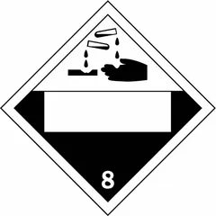 Class 8: Corrosive placard measuring 10 3/4 inches by 10 3/4 inches. Displays the number 8 for hazardous material identification. Used on containers during transport to indicate corrosive substances.