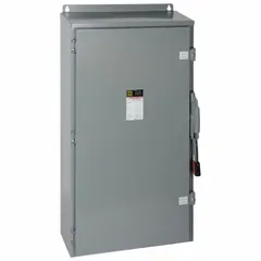 Fusible safety switch rated 400 A, single phase, 600V AC. Galvanized steel enclosure suitable for indoor or outdoor use. Provides a disconnection point for electrical circuits in industrial and commercial installations.