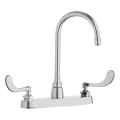 This centerset kitchen faucet is constructed from cast brass and mounts directly to the deck. It features two separate handles for independent control of hot and cold water. The high-arc gooseneck spout provides clearance for filling large pots or washing. Suitable for use in residential or commercial kitchen sinks.