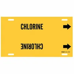 Yellow strap-on pipe marker with black 'Chlorine' legend and directional arrows. Fits pipe outer diameters from 6 to 7-7/8 inches. Used to identify chlorine piping in industrial facilities for clear hazard communication.