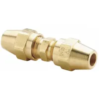 Brass compression fitting union for connecting two 3/8 in OD copper tubes in DOT air brake systems. Suitable for pneumatic braking lines on heavy trucks, trailers, and buses. Supplied in a 25-piece pack
