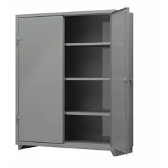 Welded steel cabinet with gray baked enamel finish. Three adjustable shelves and legs included. Equipped with a swing handle and padlock hasp for security. Panel thickness is 14 ga. Suitable for organized storage of tools, parts, and equipment in industrial facilities, warehouses, and workshops.