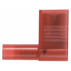 Fully insulated flag disconnect for quick-connect wiring applications. Red nylon insulation provides full coverage for 22 to 18 AWG wire, preventing short circuits in confined spaces. Suitable for control panels, appliances, and automotive wiring systems.