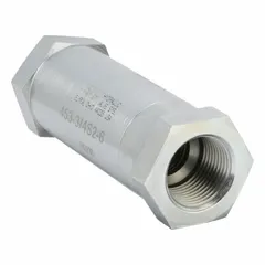 This Parker high-pressure check valve features a steel body with 3/4-inch NPT inlet and outlet connections. It allows fluid flow in one direction only, preventing backflow in hydraulic systems. Commonly used in industrial machinery, mobile equipment, and hydraulic power units for reliable one-way flow control.