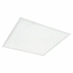 This square perforated diffuser is designed for ceiling lay-in installation in standard drop ceilings. It distributes conditioned air in commercial HVAC systems. The diffuser is made of plastic with a white finish, non-insulated, and without adjustable blades.