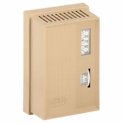 Single-temperature pneumatic thermostat with reverse action, designed for 2-pipe high-volume air flow systems. Temperature control range 55° to 85°F. Includes cover, vertical mounting. Suitable for regulating pneumatic actuators in HVAC zones requiring reverse-acting control.