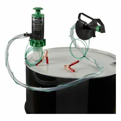 This down-stroke piston pump delivers 48 oz per stroke for transferring fuels and other non-corrosive liquids from drums or barrels. Constructed with a polypropylene body and suction tube, it features a Viton seal for chemical resistance. The unit includes a hose, spout, and bung for convenient dispensing.