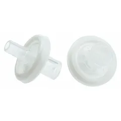 Non-sterile syringe filter with 0.22 µm PTFE membrane in a polypropylene housing. 13 mm diameter, 10 mL max capacity. Female Luer Lock inlet, male Luer Slip outlet. Used for filtration of small-volume samples in laboratory applications such as HPLC sample preparation and solvent filtration.