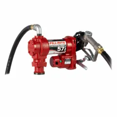 This 24 V DC bung-mount fuel transfer pump from FILL-RITE features a 1/4 hp motor and a maximum flow rate of 15 gpm. It includes a hose and nozzle for direct transfer of diesel, kerosene, and other non-flammable fluids from drums or tanks. The pump is designed for applications where AC power is unavailable, such as fleet maintenance, agriculture, and construction. Meter is not included.
