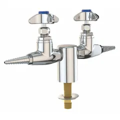 This needle valve features a chrome finish with brown index color, threaded shank, two handles, and two outlets. It has a 90-degree flow pattern and a flow rate of 6.8 scfm. Suitable for precise flow control in laboratory turret systems, fume hoods, or analytical instrumentation.