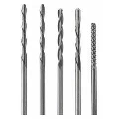 High-speed steel routing bit set for cutting precise holes and shapes in plastic materials. Each bit has a 1/8 in drill bit diameter, 1 in cutting depth, and 1/8 in shank diameter. Suitable for use with rotary cut-out tools in drywall, remodeling, and electrical installations.