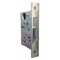 This deadbolt and deadlatch assembly is designed for use with exit push bars on commercial doors. It secures the door while permitting safe egress, suitable for applications where controlled access and fire safety compliance are required.