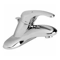Centerset handle bathroom faucet with arc spout in polished chrome finish. Flow rate of 0.35 gpm. Includes grid strainer drain assembly. Suitable for residential and commercial lavatory sinks.