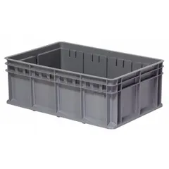 Plastic straight-wall container with stacking capability for organized storage of parts, tools, or materials in industrial and warehouse settings. External dimensions 23 5/8 x 15 3/4 x 8 5/8 in, gray color.