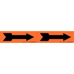 This vinyl pipe marker displays a black directional flow arrow on an orange background. It is 2-1/4 inches long and 7 inches wide, supplied on a 7-inch-wide roll. The non-reflective marker is used to indicate flow direction and identify pipe contents in industrial piping systems.