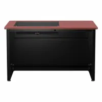 This VERSADESK computer desk features a cherry wood desktop and a black steel frame. It measures 48 inches wide by 31 inches high and includes a modesty panel. Suitable for office or home workstation use, it provides a flat surface for a monitor, keyboard, and paperwork