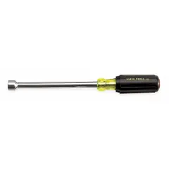 This SAE standard nut driver has a 6-inch straight round shank and a non-magnetized tip. The hollow shank design allows it to fit over long threaded rods. It is used for driving and removing hex nuts and bolts in electrical, mechanical, and general maintenance applications.