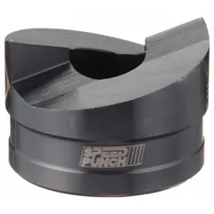 This manual-hydraulic knockout punch creates clean round holes in 10 ga sheet steel. With a 1 in nominal size, it is used for electrical panel fabrication, junction box assembly, and industrial enclosure work. The punch is constructed with copper material and is not rated for use with other metals.