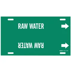 Green pipe marker with white legend text reading 'Raw Water', designed for strap-on application on pipes with outer diameters from 8 to 9-7/8 inches. Includes directional arrows to indicate flow direction. Used to identify raw water lines in industrial piping systems for clear content marking and safety compliance.